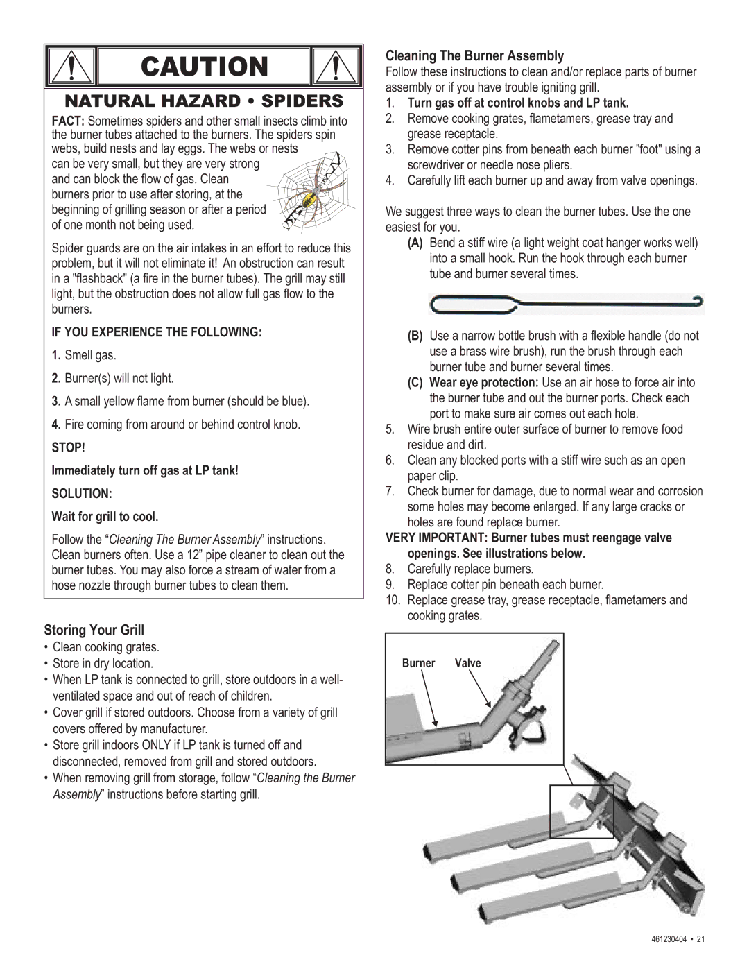 Thermos 461230404 manual Storing Your Grill, Cleaning The Burner Assembly, Immediately turn off gas at LP tank 