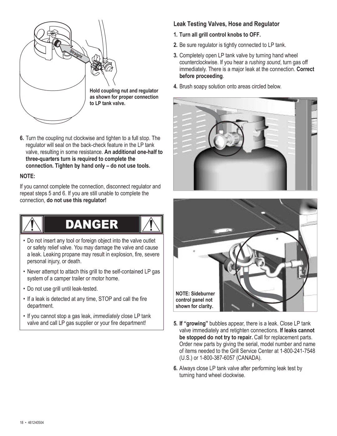 Thermos 461240504 manual Leak Testing Valves, Hose and Regulator, Turn all grill control knobs to OFF 