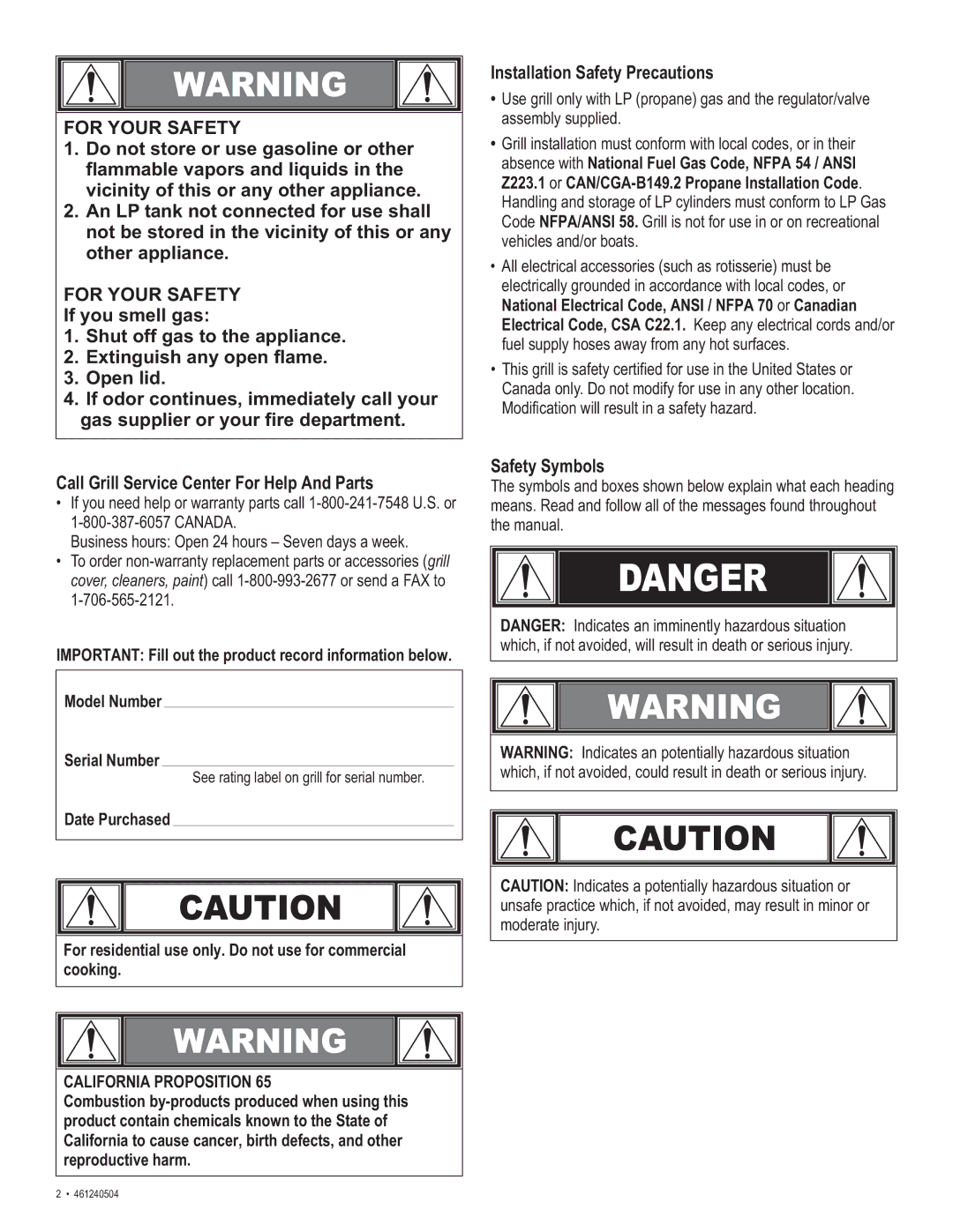 Thermos 461240504 manual Installation Safety Precautions, Safety Symbols 