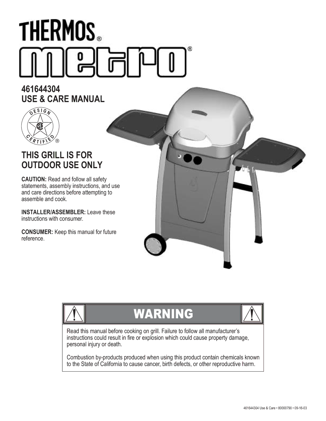 Thermos 461644304 manual USE & Care Manual This Grill is for Outdoor USE only 