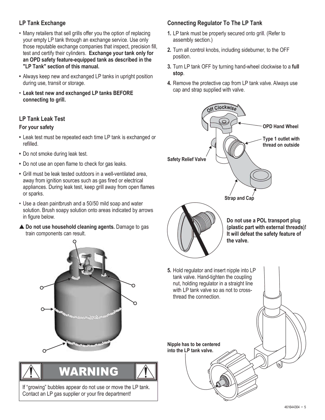 Thermos 461644304 manual LP Tank Exchange, LP Tank Leak Test, Connecting Regulator To The LP Tank, For your safety 