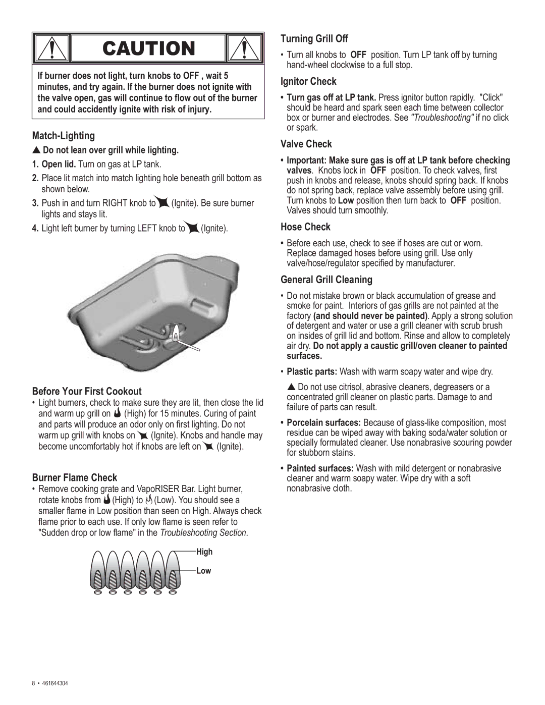 Thermos 461644304 manual Match-Lighting, Before Your First Cookout, Burner Flame Check, Turning Grill Off, Ignitor Check 