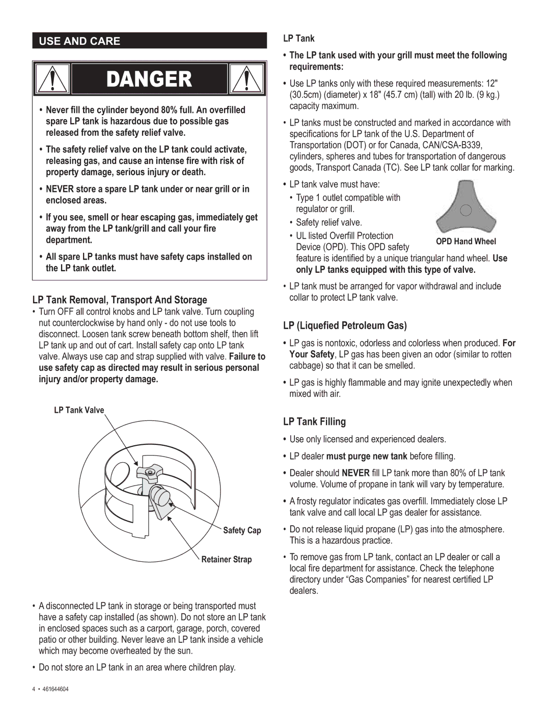 Thermos 461644604 manual LP Tank Removal, Transport And Storage, LP Liquefied Petroleum Gas, LP Tank Filling 