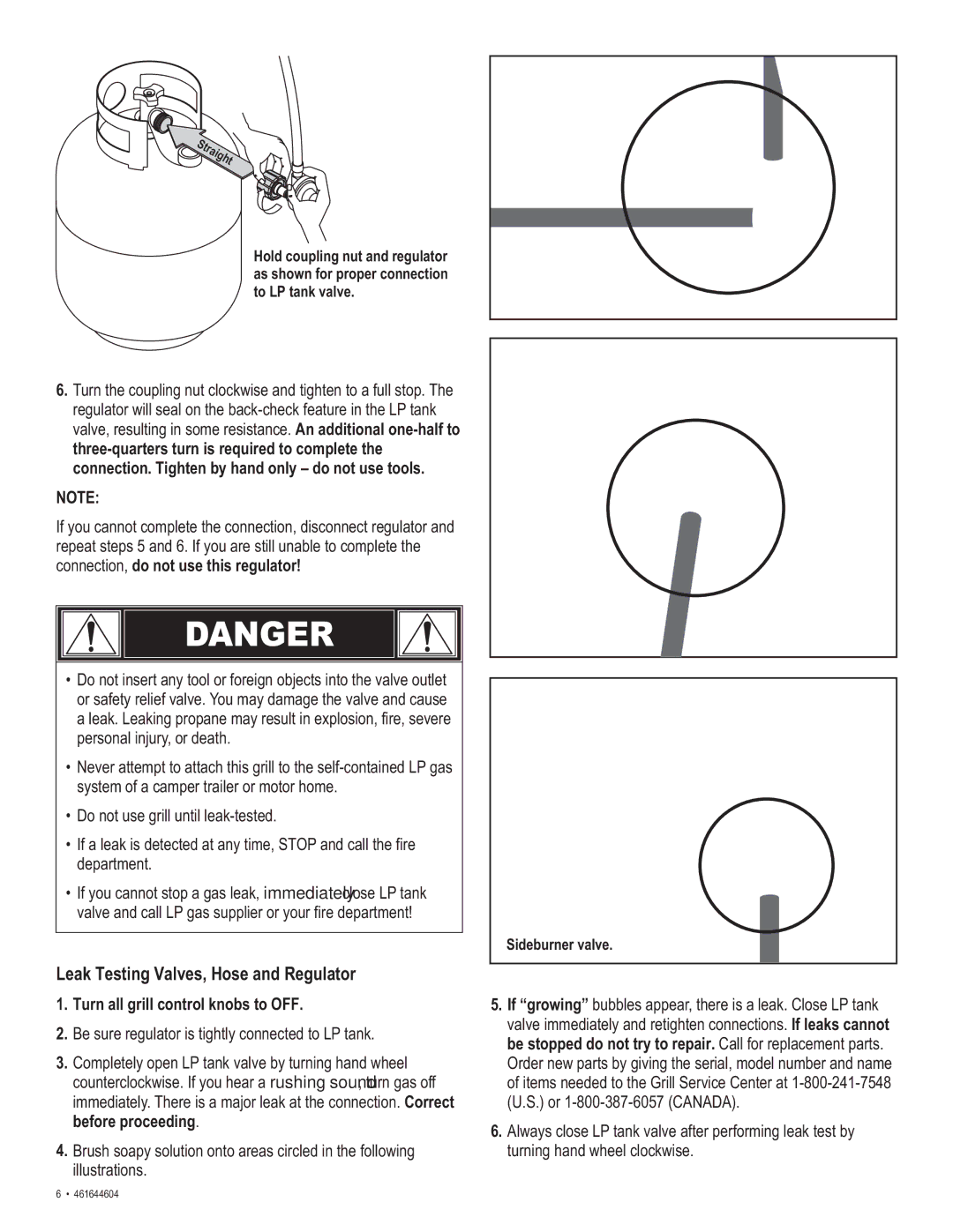 Thermos 461644604 manual Leak Testing Valves, Hose and Regulator, Turn all grill control knobs to OFF 