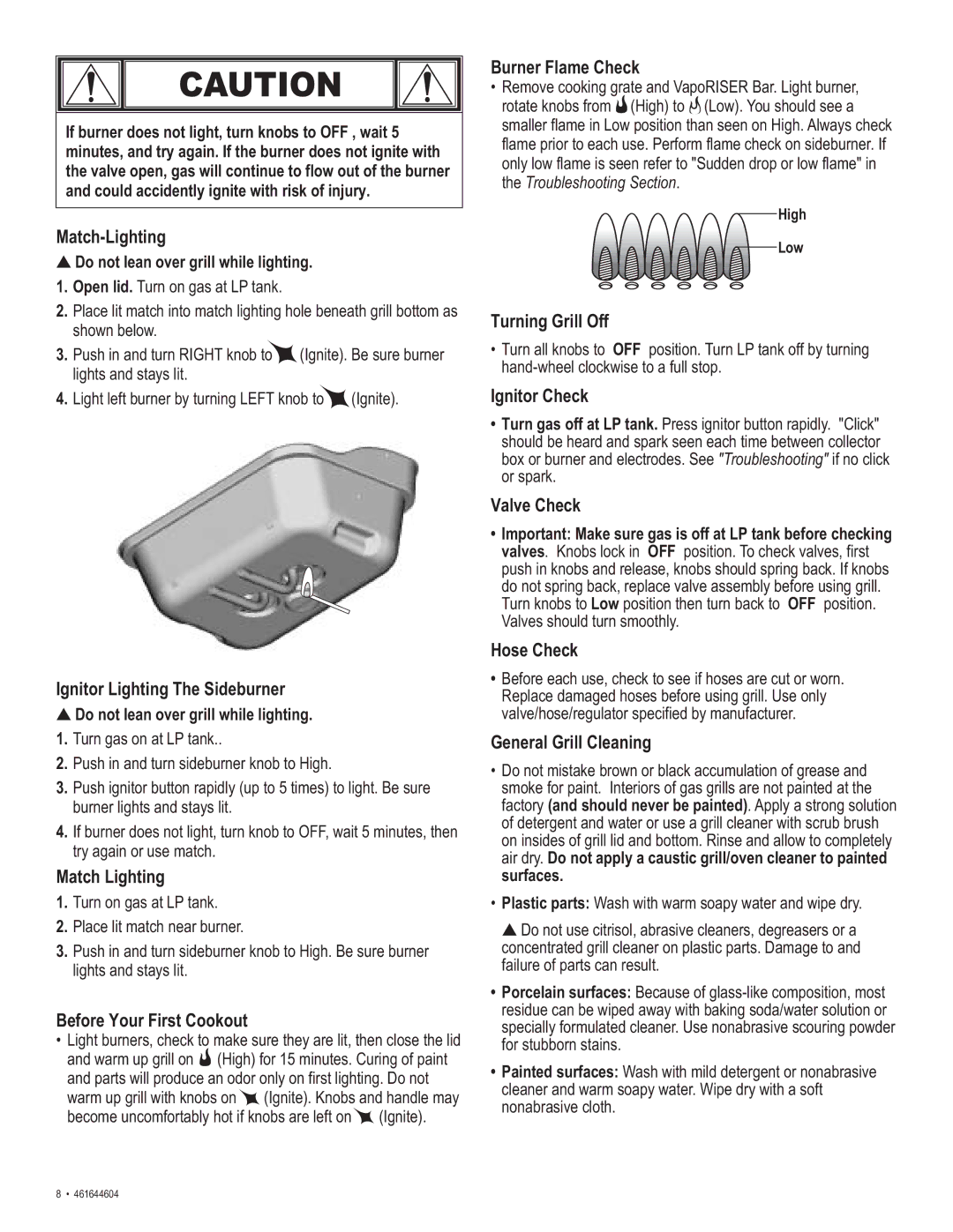 Thermos 461644604 Match-Lighting, Ignitor Lighting The Sideburner, Match Lighting, Before Your First Cookout, Valve Check 