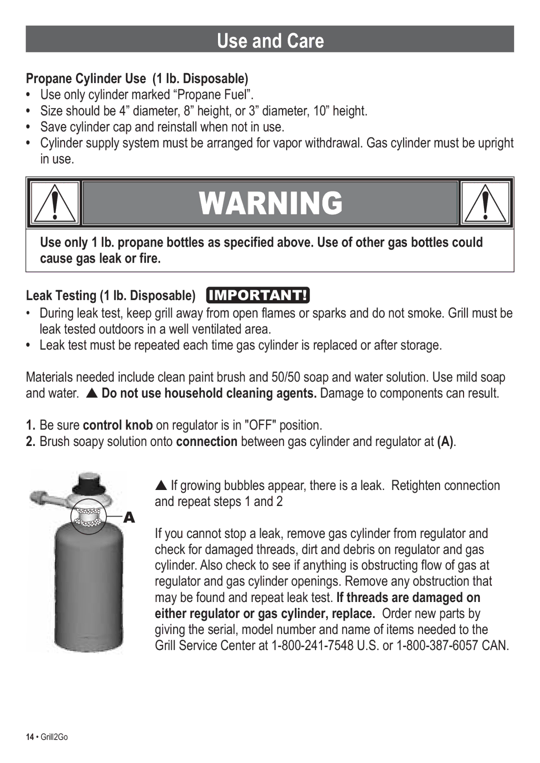 Thermos 465611003, 465621303 manual Use and Care, Propane Cylinder Use 1 lb. Disposable 