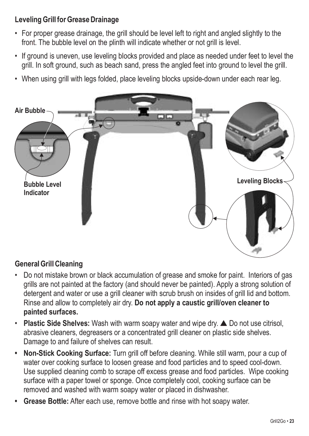 Thermos 465621303, 465611003 manual Leveling Grill for Grease Drainage, General Grill Cleaning 