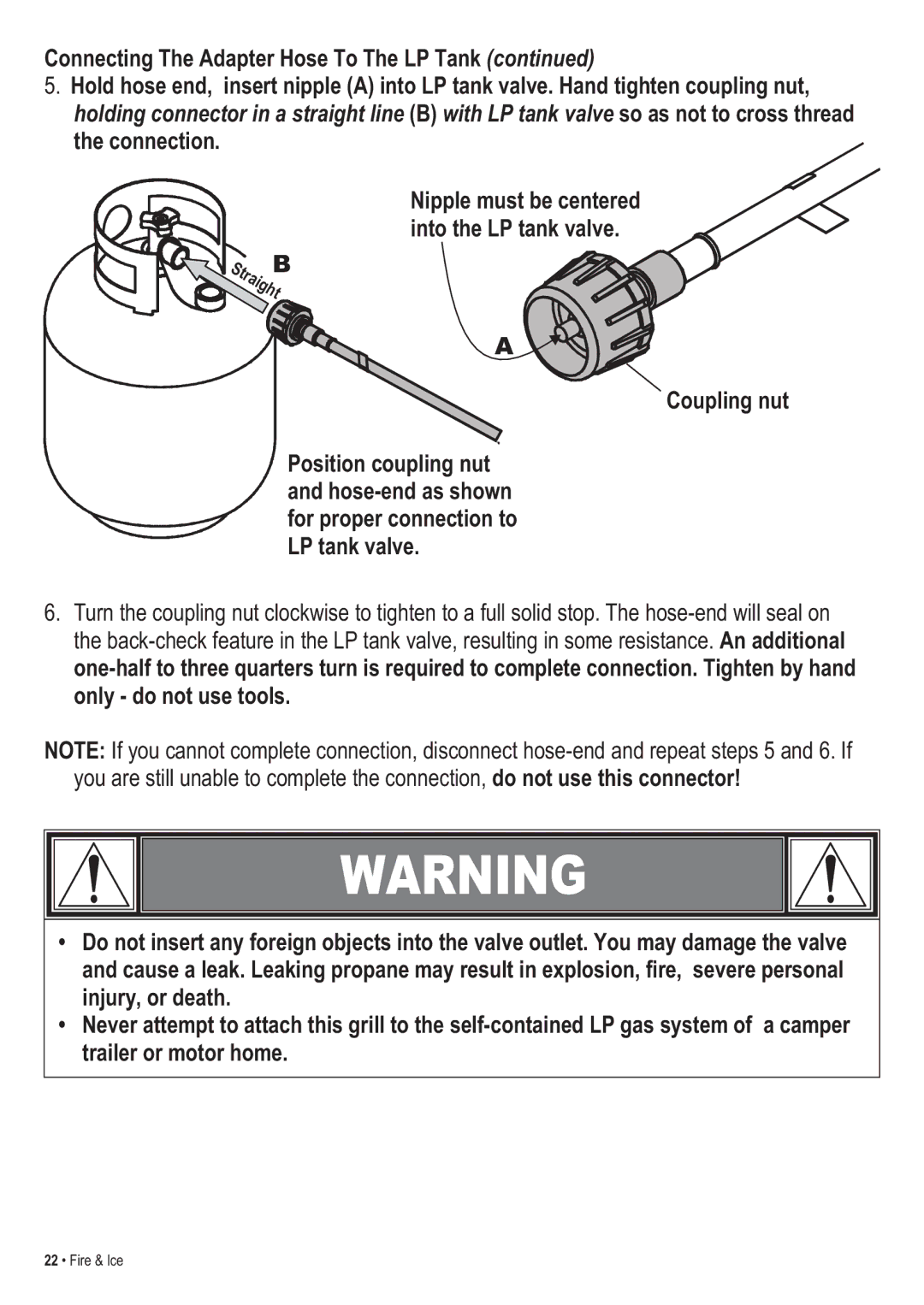 Thermos 465630003 manual Nipple must be centered into the LP tank valve 