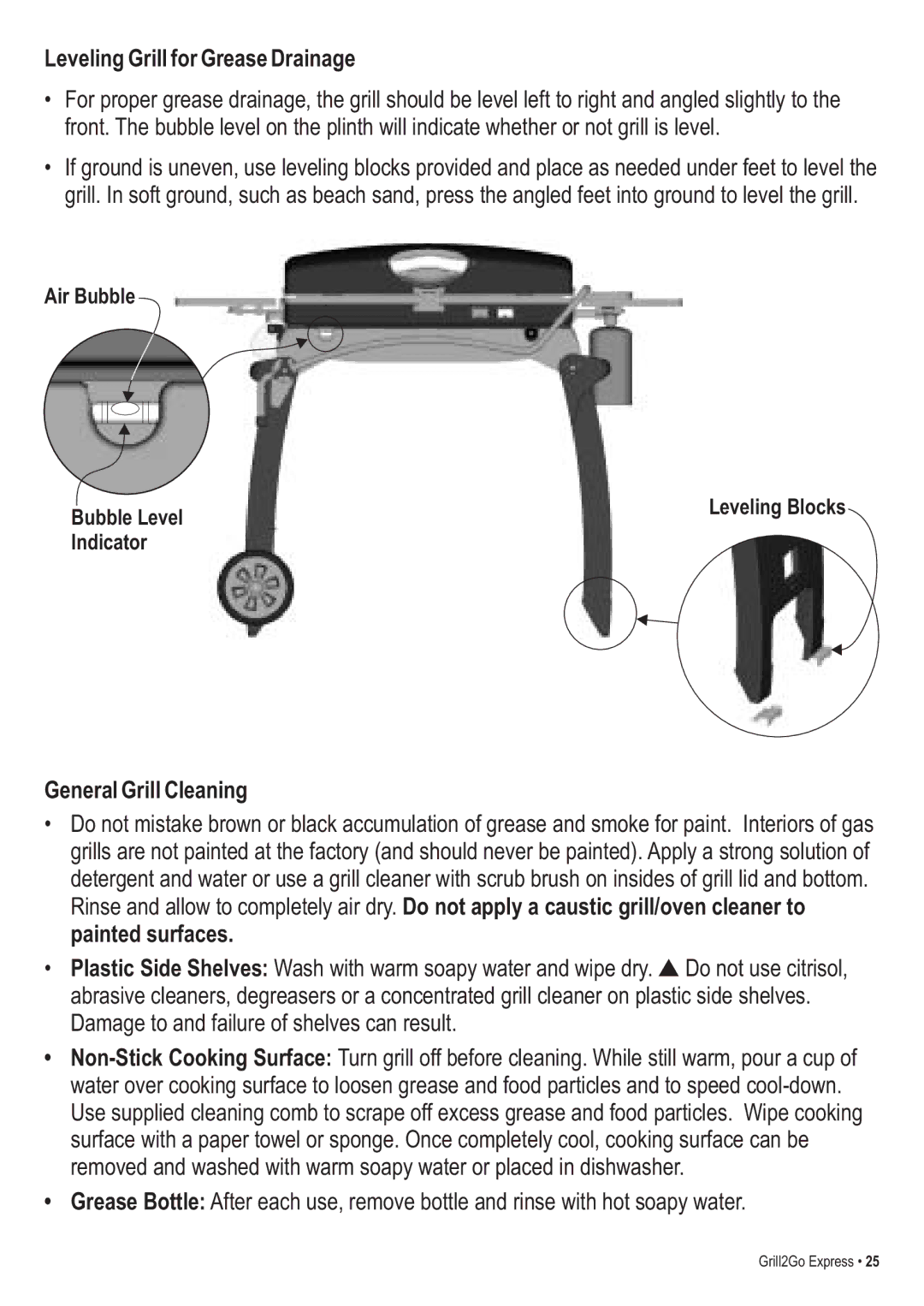 Thermos 465630503 manual Leveling Grill for Grease Drainage, General Grill Cleaning 