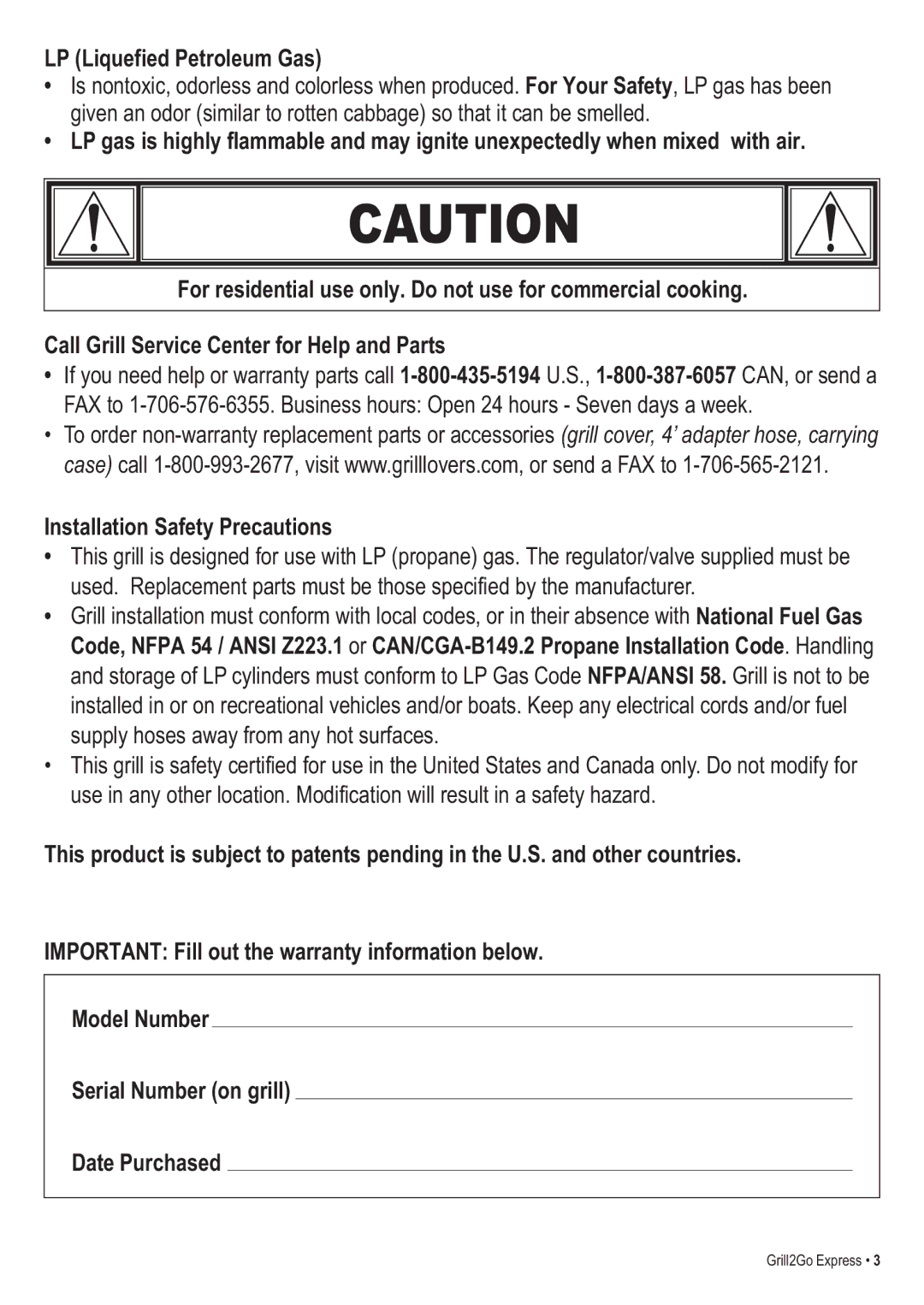 Thermos 465630503 manual LP Liquefied Petroleum Gas, Installation Safety Precautions 