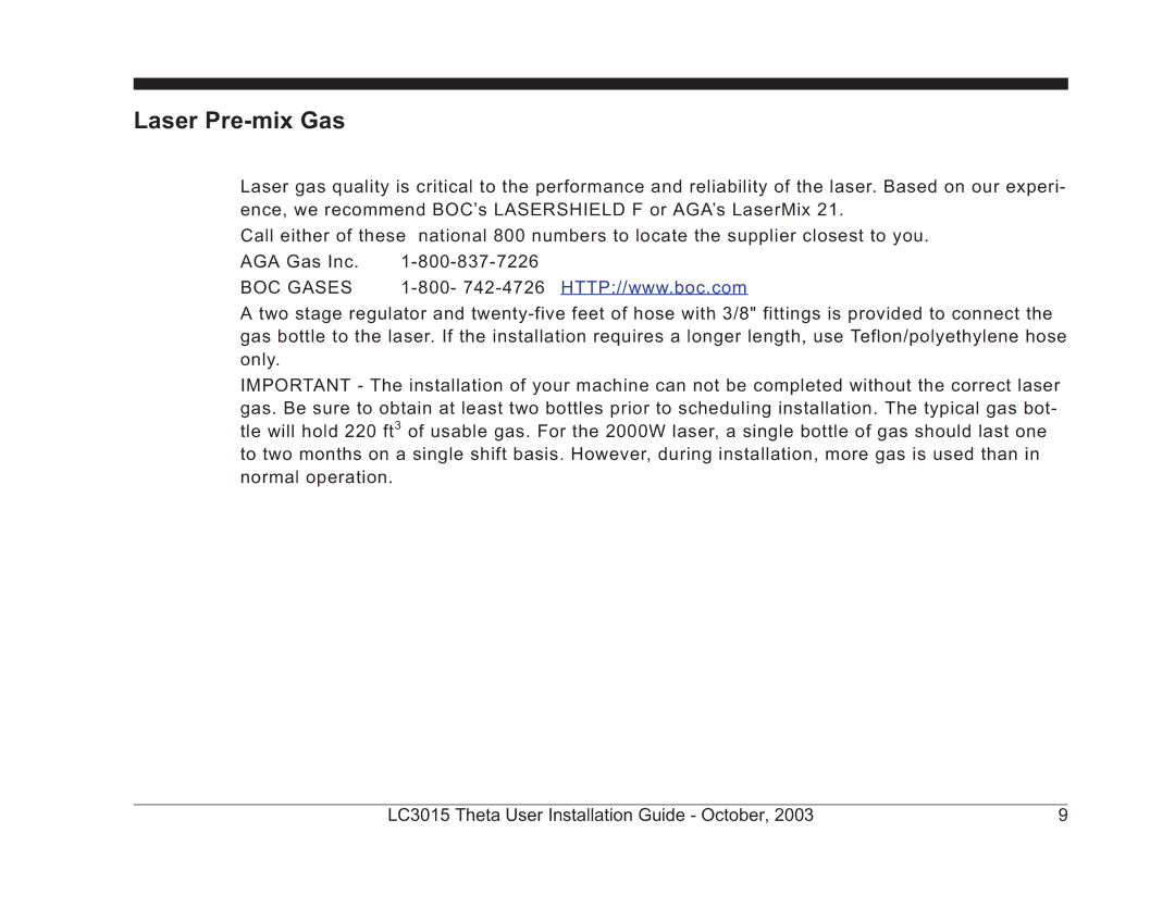 Theta Digital LC3015-2 manual Laser Pre-mix Gas, BOC Gases 