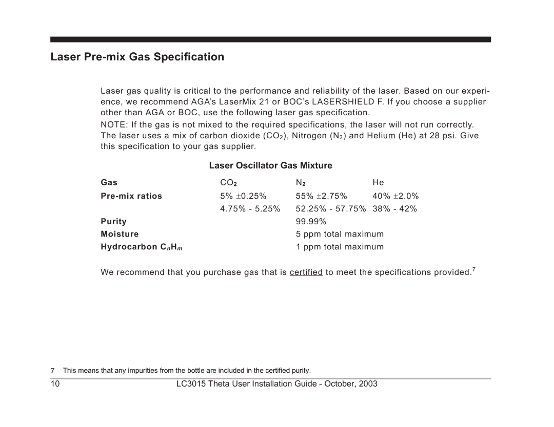 Theta Digital LC3015-2 manual Laser Pre-mix Gas Specification, Gas Pre-mix ratios, Purity, Moisture, Hydrocarbon C nH m 