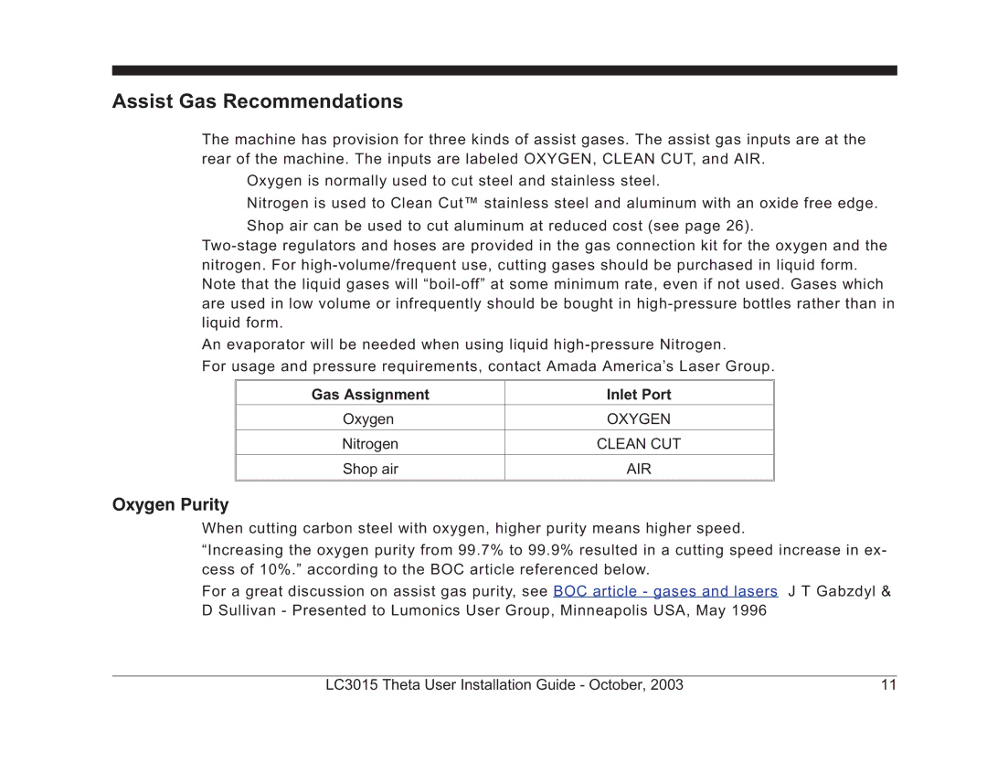 Theta Digital LC3015-2 manual Assist Gas Recommendations, Oxygen Purity, Gas Assignment Inlet Port 