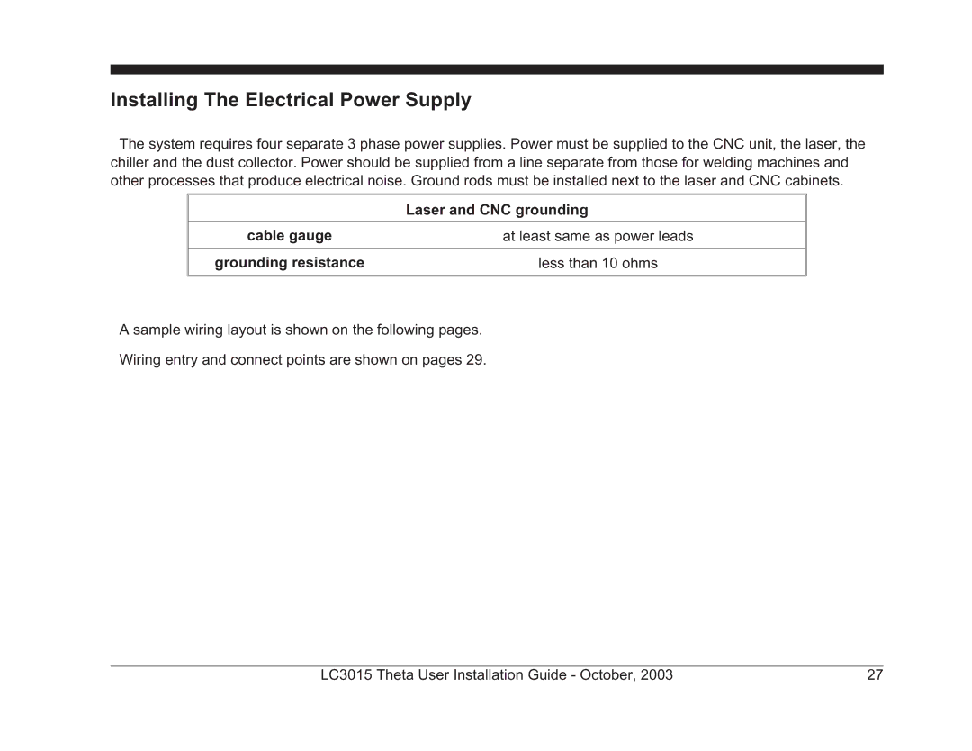 Theta Digital LC3015-2 manual Installing The Electrical Power Supply, Laser and CNC grounding, Grounding resistance 