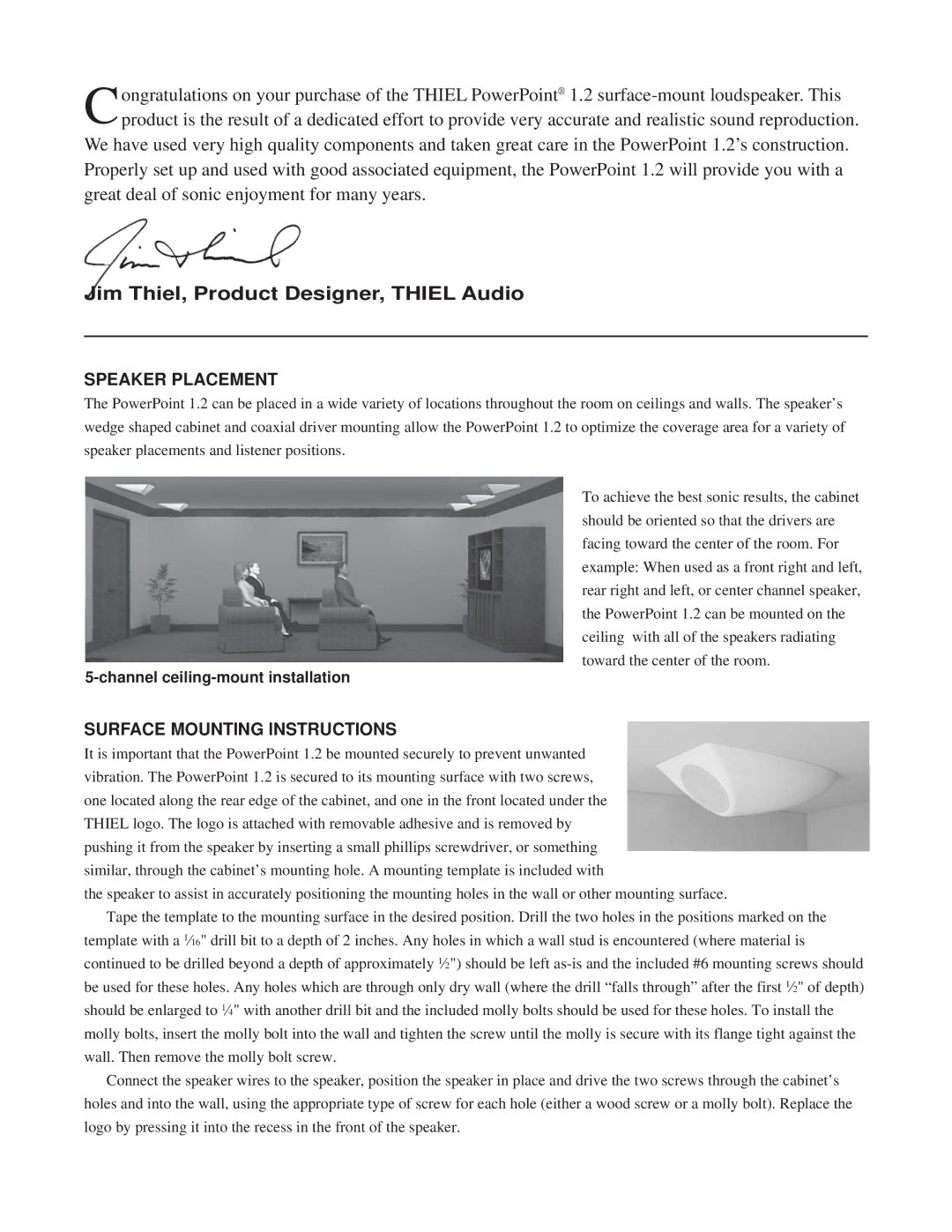 Thiel Audio Products 1.2 manual Speaker Placement, Surface Mounting Instructions 