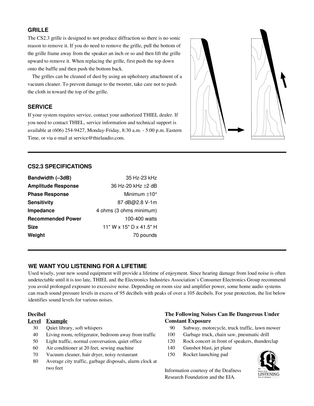 Thiel Audio Products manual Grille, Service, CS2.3 Specifications, WE Want YOU Listening for a Lifetime 