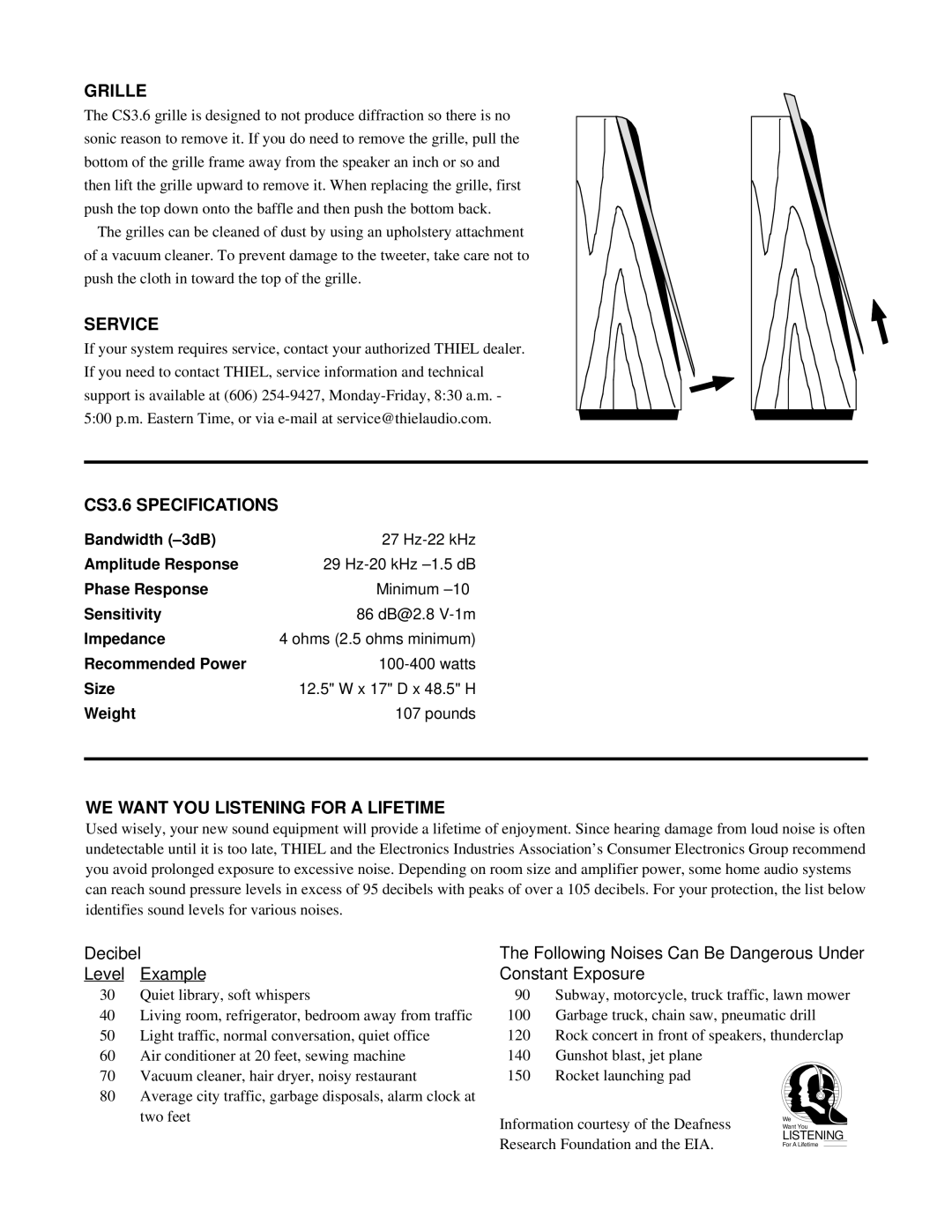 Thiel Audio Products manual Grille, Service, CS3.6 Specifications, WE Want YOU Listening for a Lifetime 