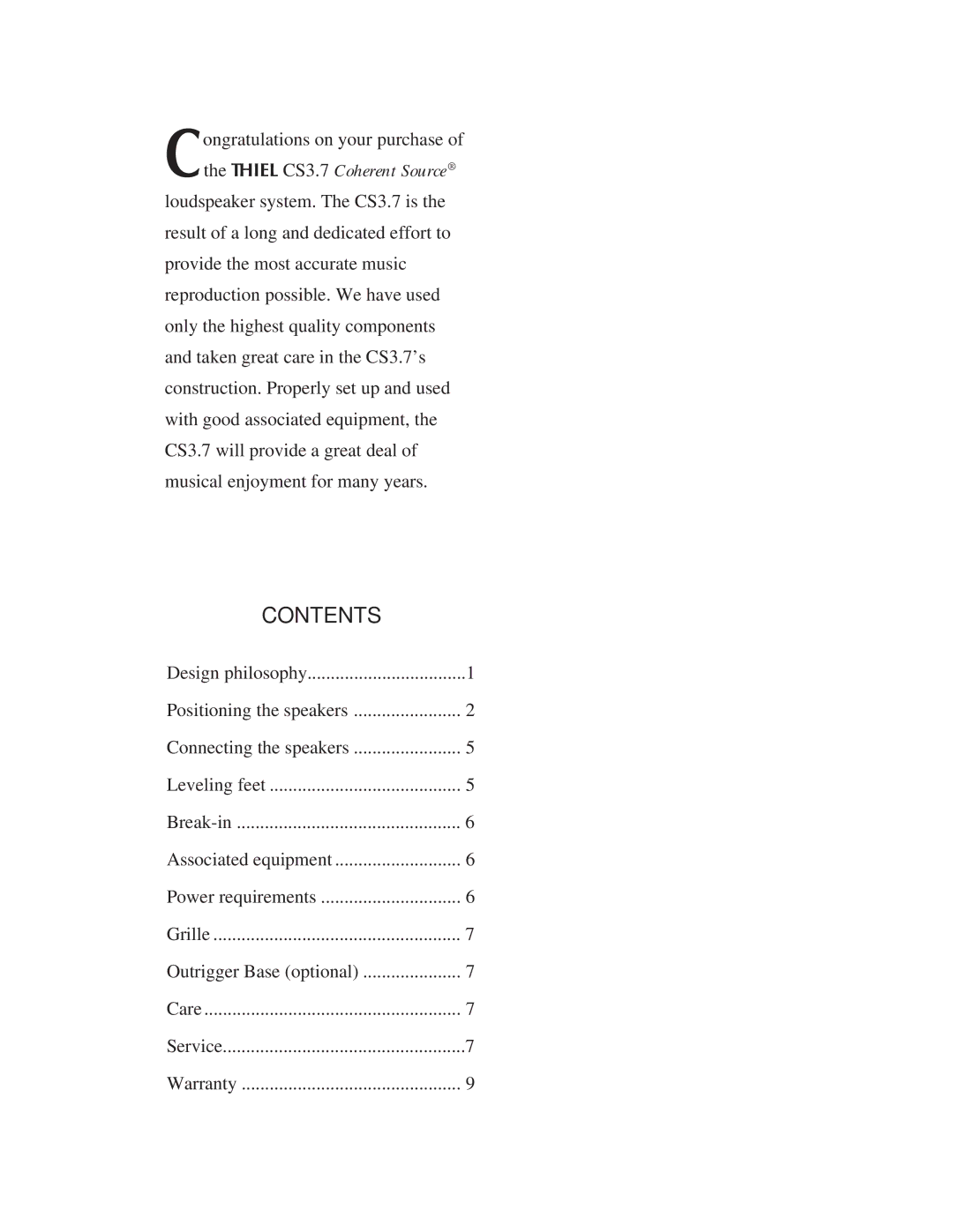 Thiel Audio Products CS3.7 manual Contents 