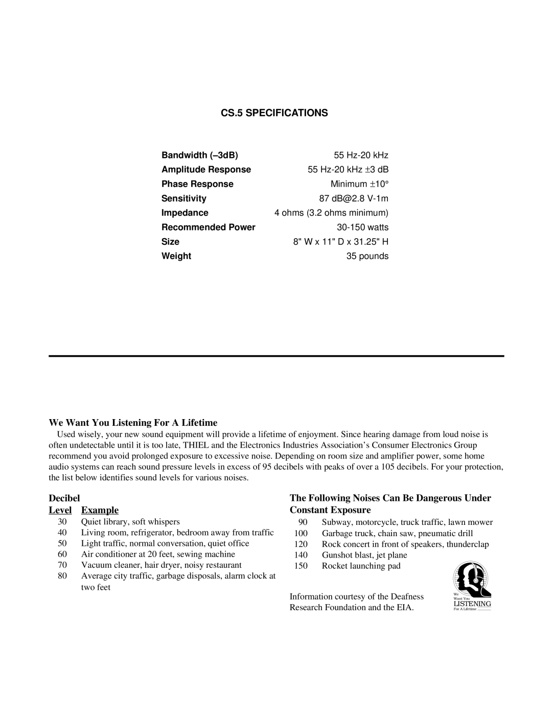 Thiel Audio Products manual CS.5 Specifications, We Want You Listening For a Lifetime 