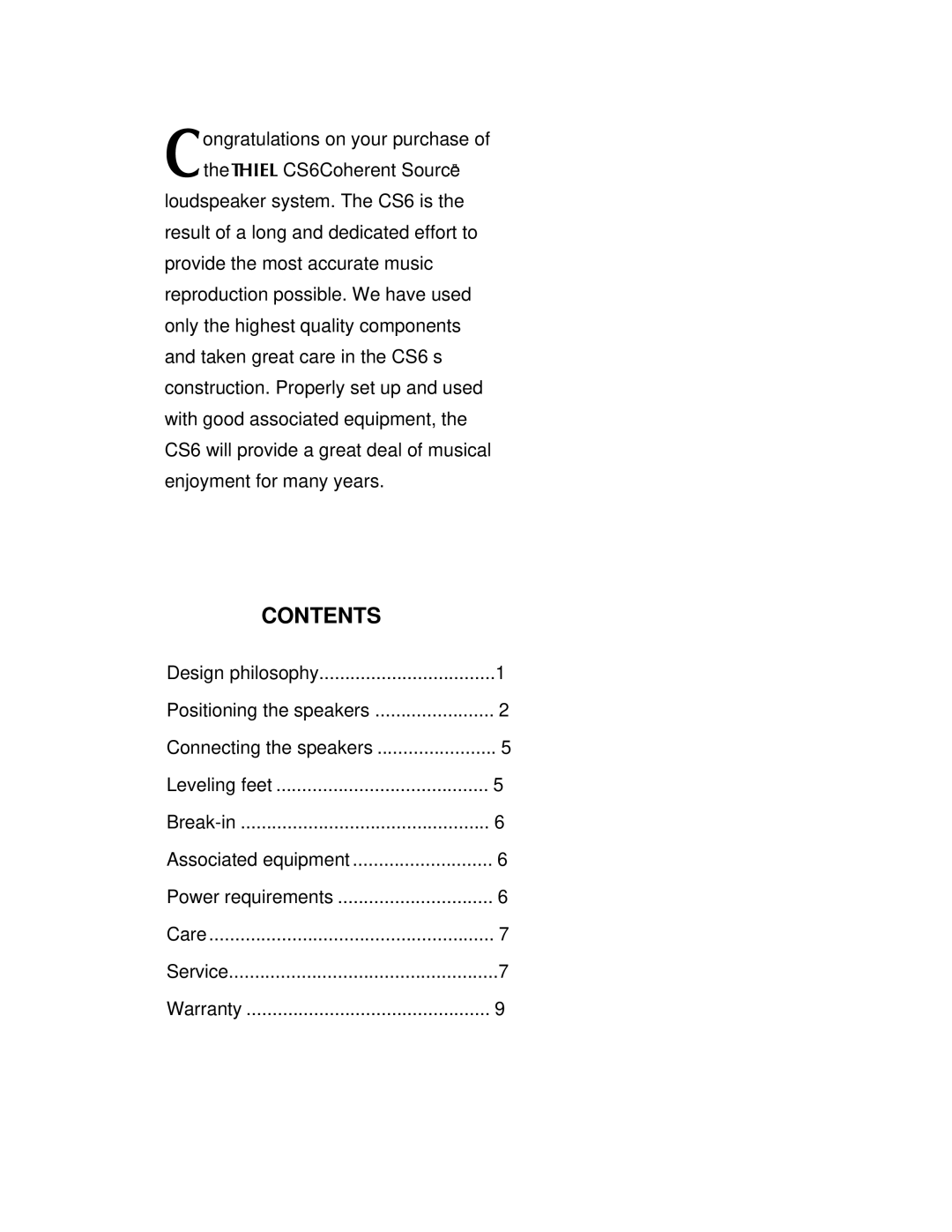 Thiel Audio Products CS6 manual Contents 