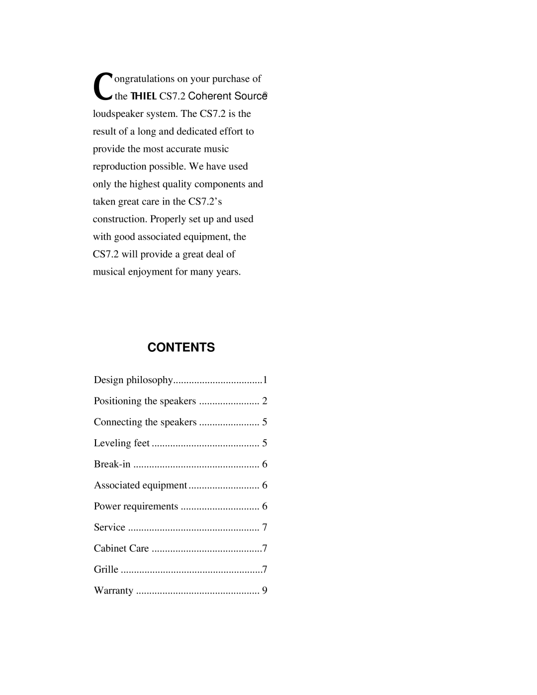 Thiel Audio Products CS7.2 manual Contents 