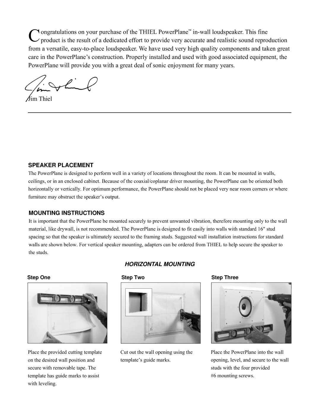 Thiel Audio Products PowerPlane manual Speaker Placement, Mounting Instructions, Horizontal Mounting 