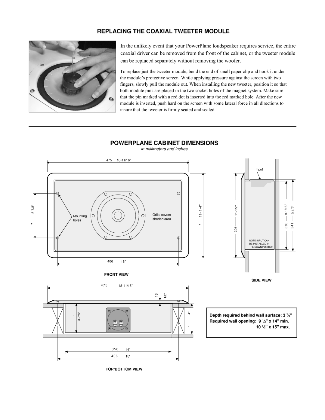 Thiel Audio Products PowerPlane manual Replacing the Coaxial Tweeter Module, Powerplane Cabinet Dimensions 