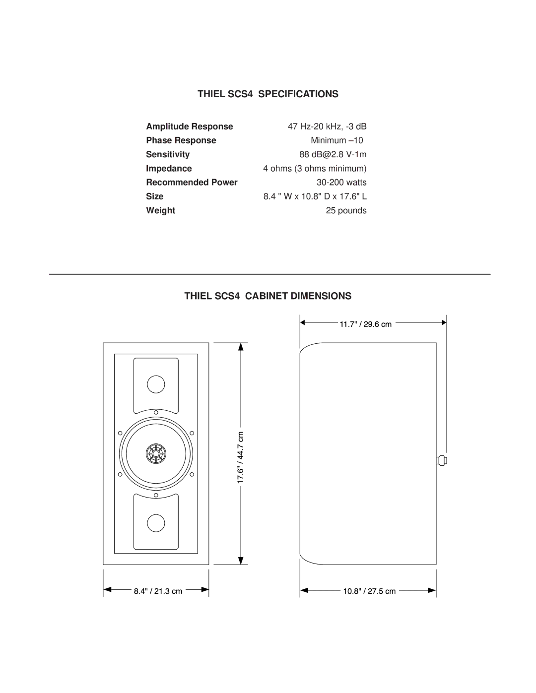 Thiel Audio Products manual Thiel SCS4 Specifications, Thiel SCS4 Cabinet Dimensions 