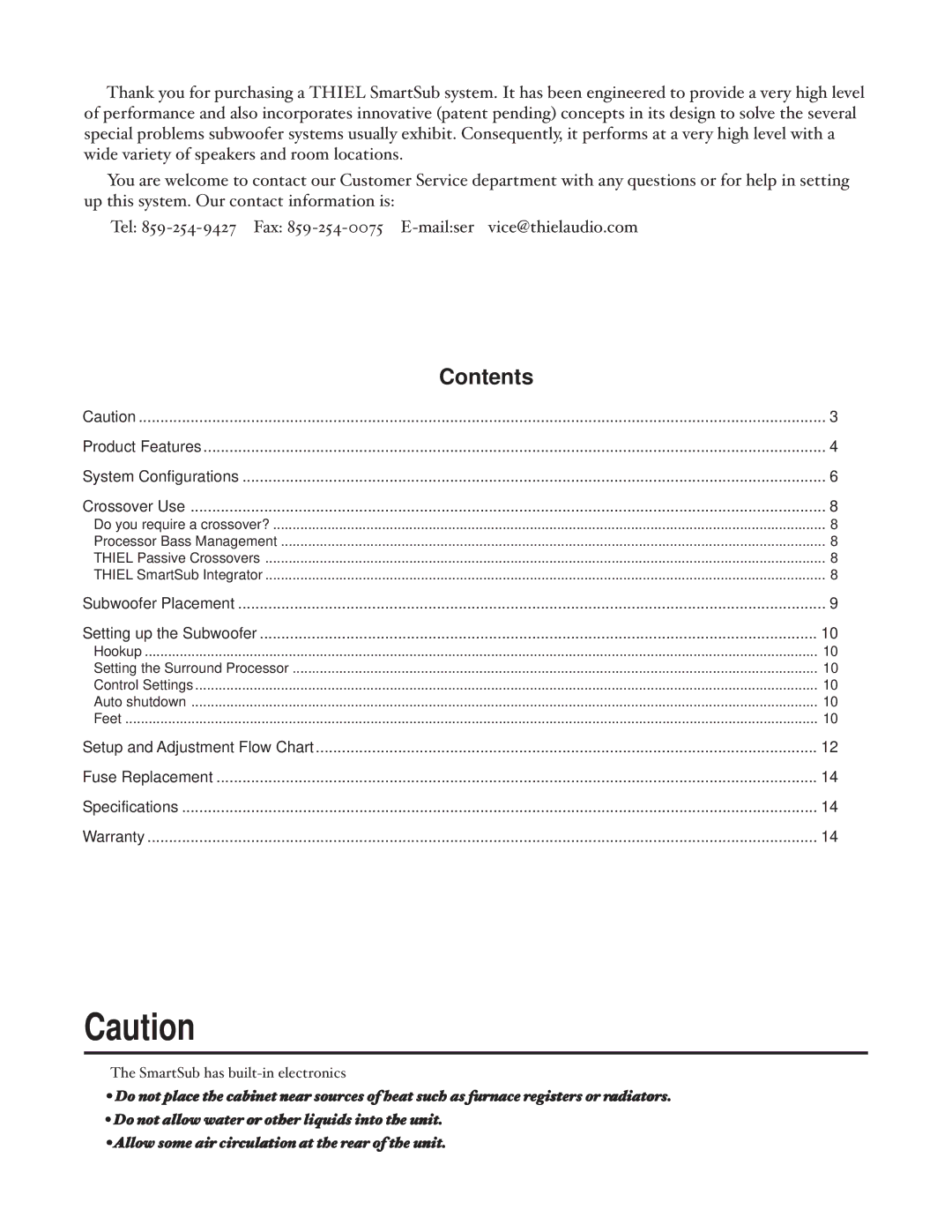 Thiel Audio Products SS1 Subwoofer manual Contents 