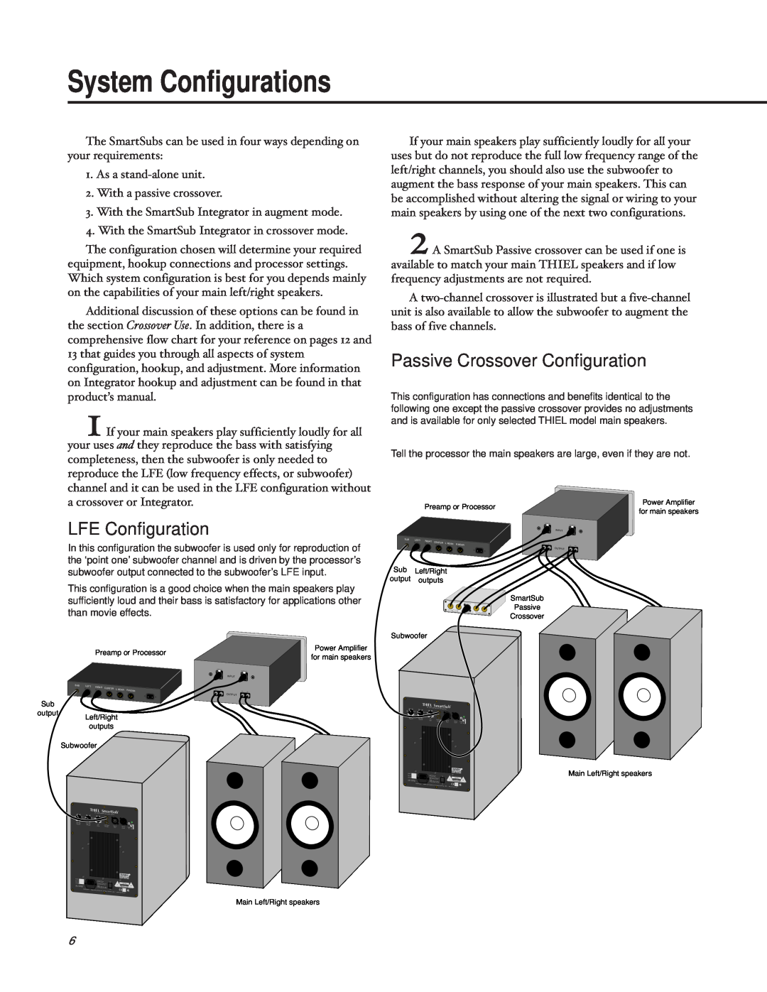 Thiel Audio Products SS1 Subwoofer manual System Configurations, Passive Crossover Configuration, LFE Configuration 
