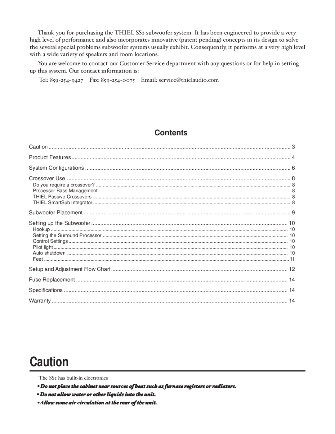 Thiel Audio Products SS2 manual Contents 