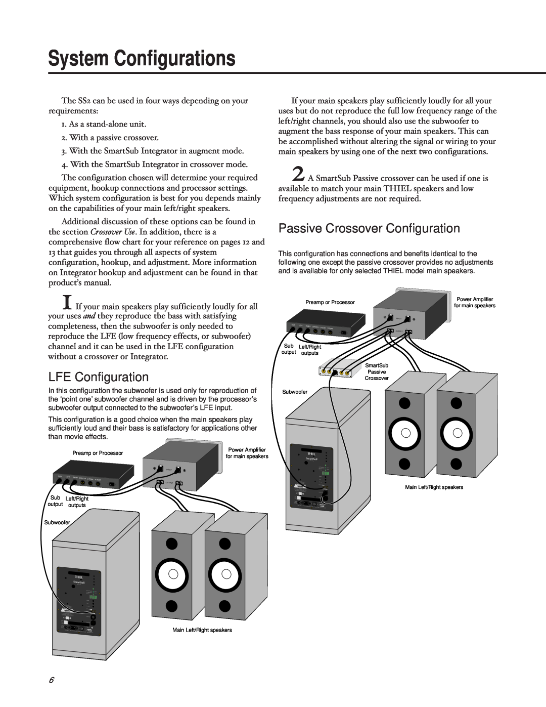 Thiel Audio Products SS2 manual System Configurations, Passive Crossover Configuration, LFE Configuration 