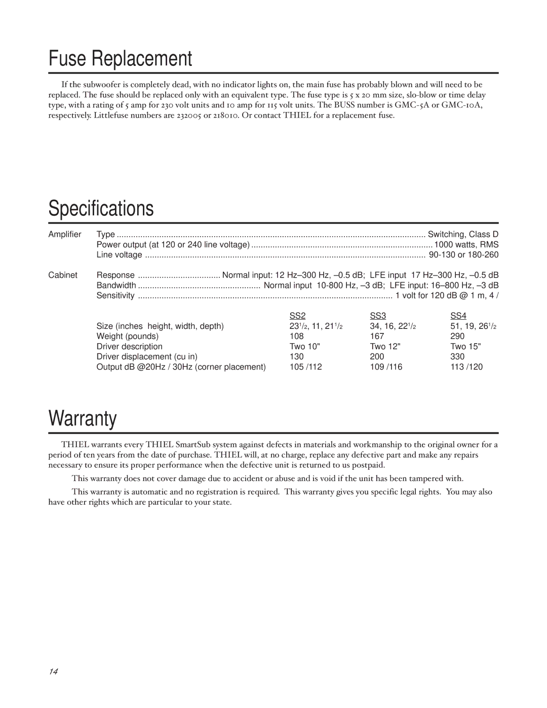 Thiel Audio Products SS3, SS4, SW1 manual Fuse Replacement, Specifications, Warranty 