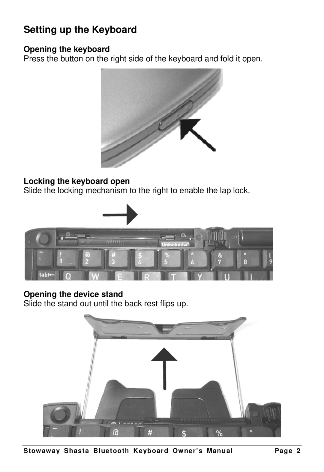 Think Outside G981 Setting up the Keyboard, Opening the keyboard, Locking the keyboard open, Opening the device stand 