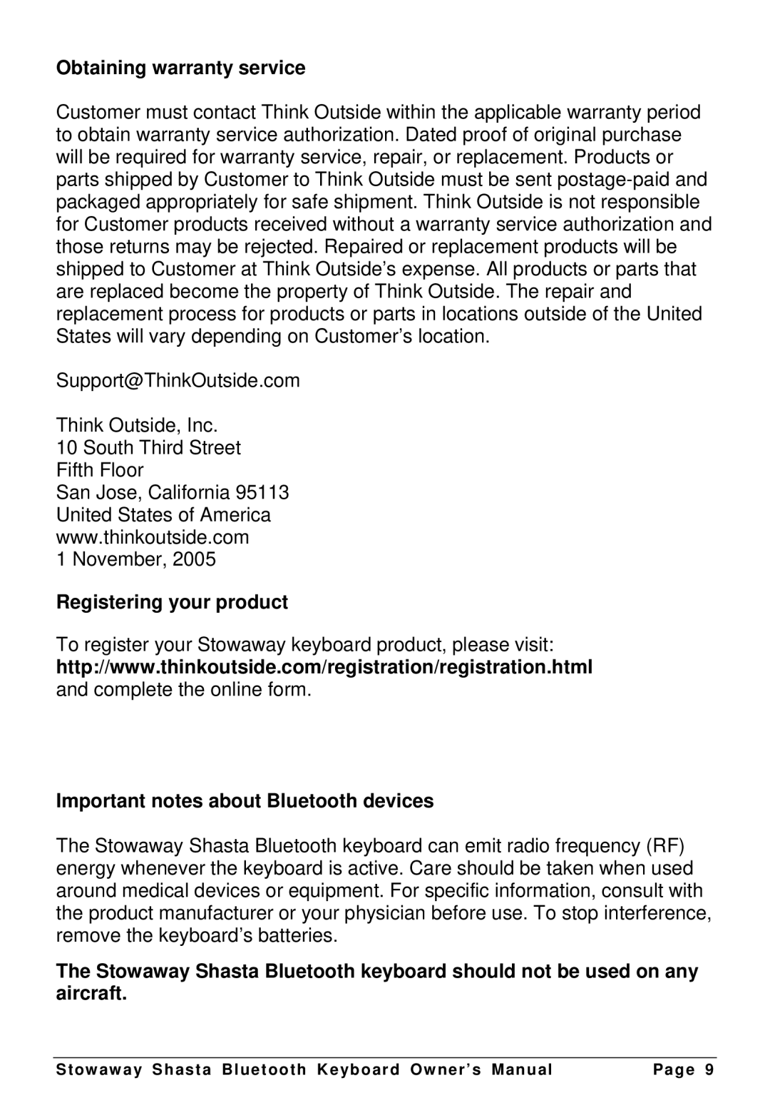 Think Outside G981 Obtaining warranty service, Registering your product, Important notes about Bluetooth devices 