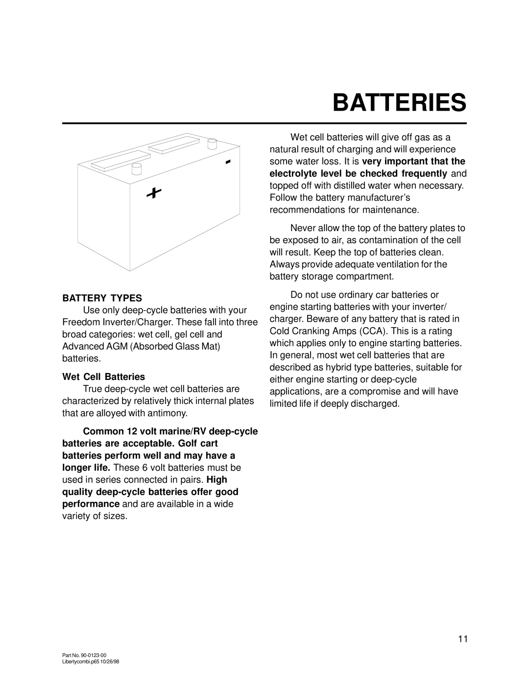 Thomas & Betts 20D, 15D owner manual Battery Types, Wet Cell Batteries, Quality deep-cycle batteries offer good 