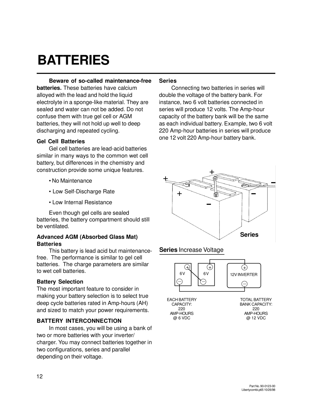 Thomas & Betts 20D, 15D owner manual Batteries, Battery Interconnection 