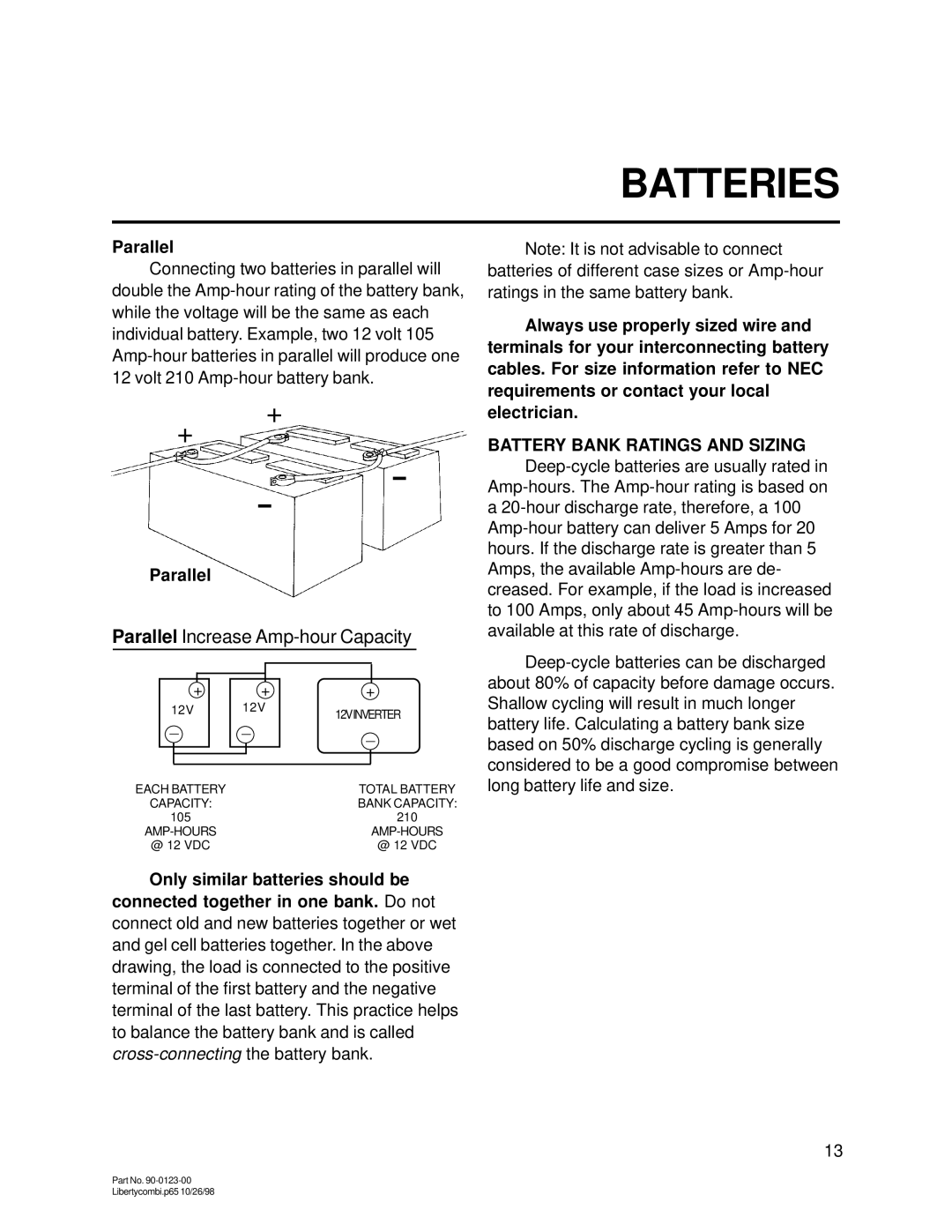 Thomas & Betts 15D, 20D owner manual Parallel, Battery Bank Ratings and Sizing, Only similar batteries should be 