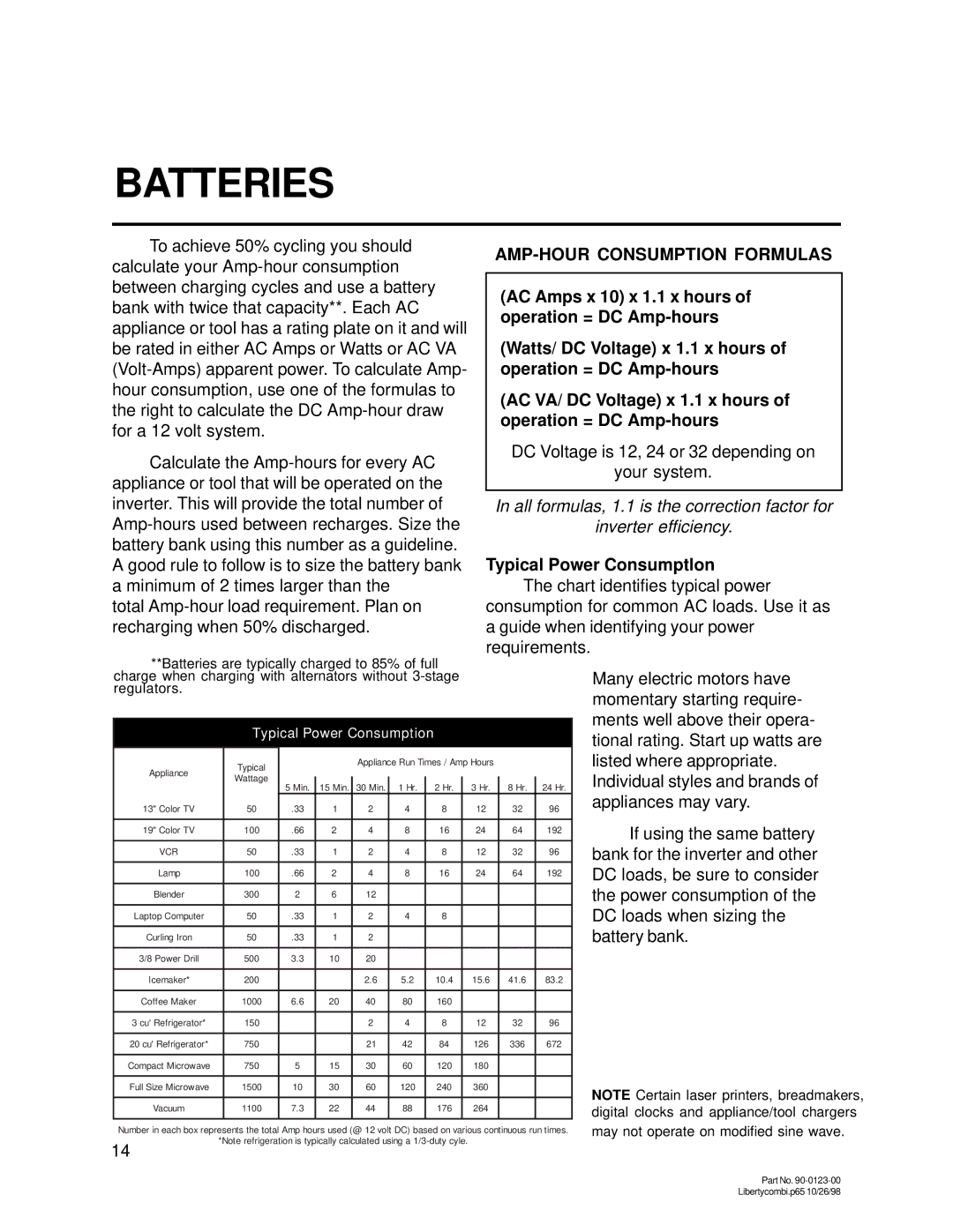 Thomas & Betts 20D, 15D owner manual AMP-HOUR Consumption Formulas, Typical Power Consumptlon 