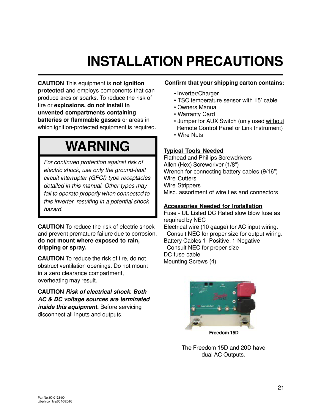 Thomas & Betts 15D Installation Precautions, Unvented compartments containing, Confirm that your shipping carton contains 