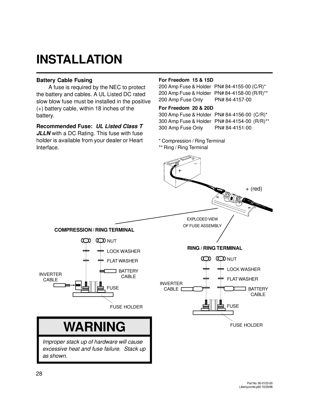 Thomas & Betts 20D, 15D owner manual Battery Cable Fusing, Recommended Fuse UL Listed Class T 