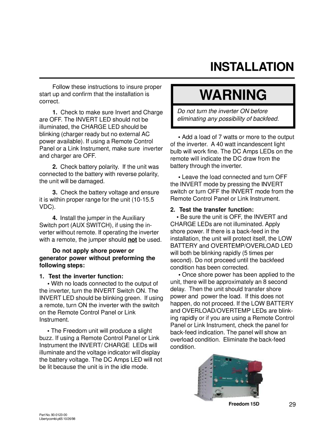 Thomas & Betts 15D, 20D owner manual Installation, Test the transfer function 