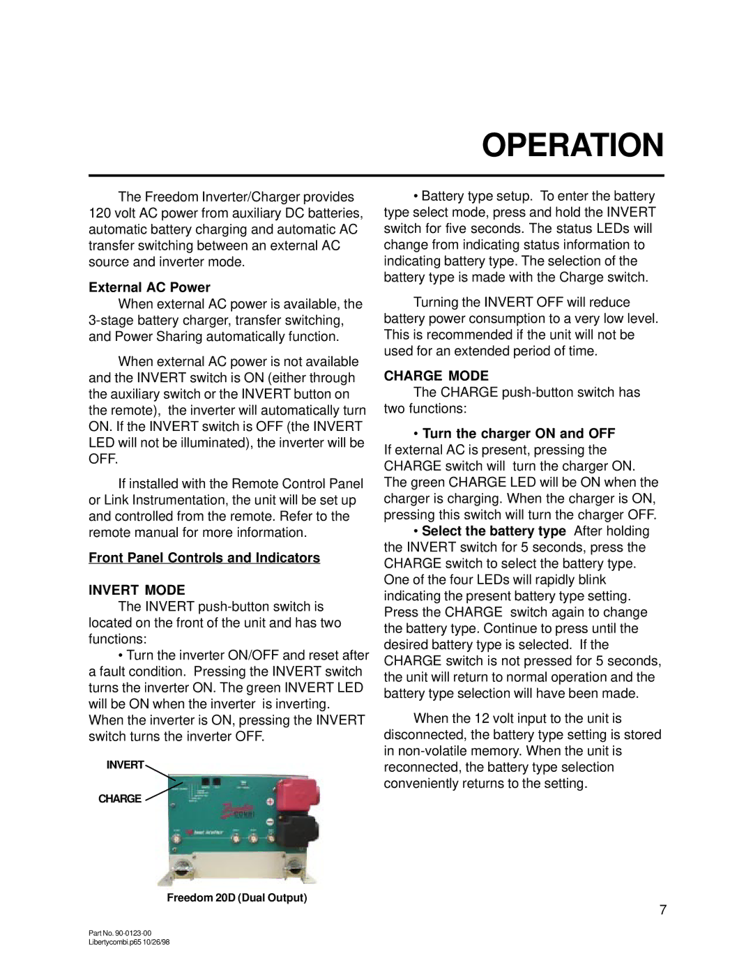 Thomas & Betts 20D, 15D Operation, External AC Power, Front Panel Controls and Indicators, Invert Mode, Charge Mode 