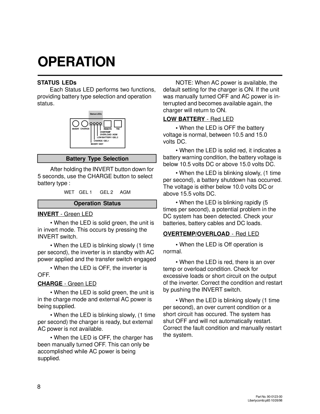 Thomas & Betts 20D Status LEDs, Battery Type Selection, Operation Status, LOW Battery Red LED, OVERTEMP/OVERLOAD Red LED 