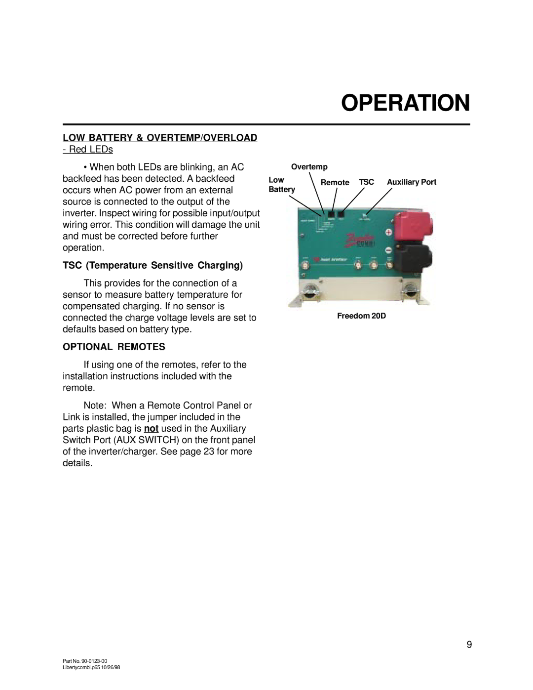 Thomas & Betts 15D, 20D owner manual LOW Battery & OVERTEMP/OVERLOAD, TSC Temperature Sensitive Charging, Optional Remotes 