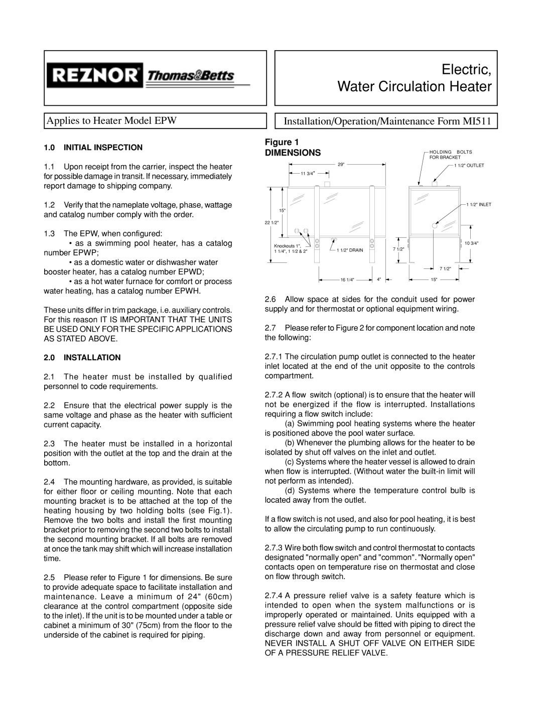 Thomas & Betts dimensions Figure DIMENSIONS, Electric Water Circulation Heater, Applies to Heater Model EPW 