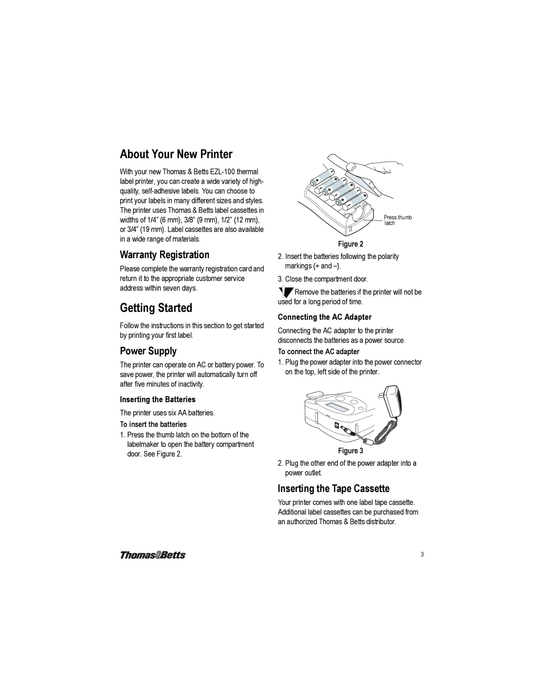 Thomas & Betts EZL-100 manual About Your New Printer, Getting Started, Warranty Registration, Power Supply 