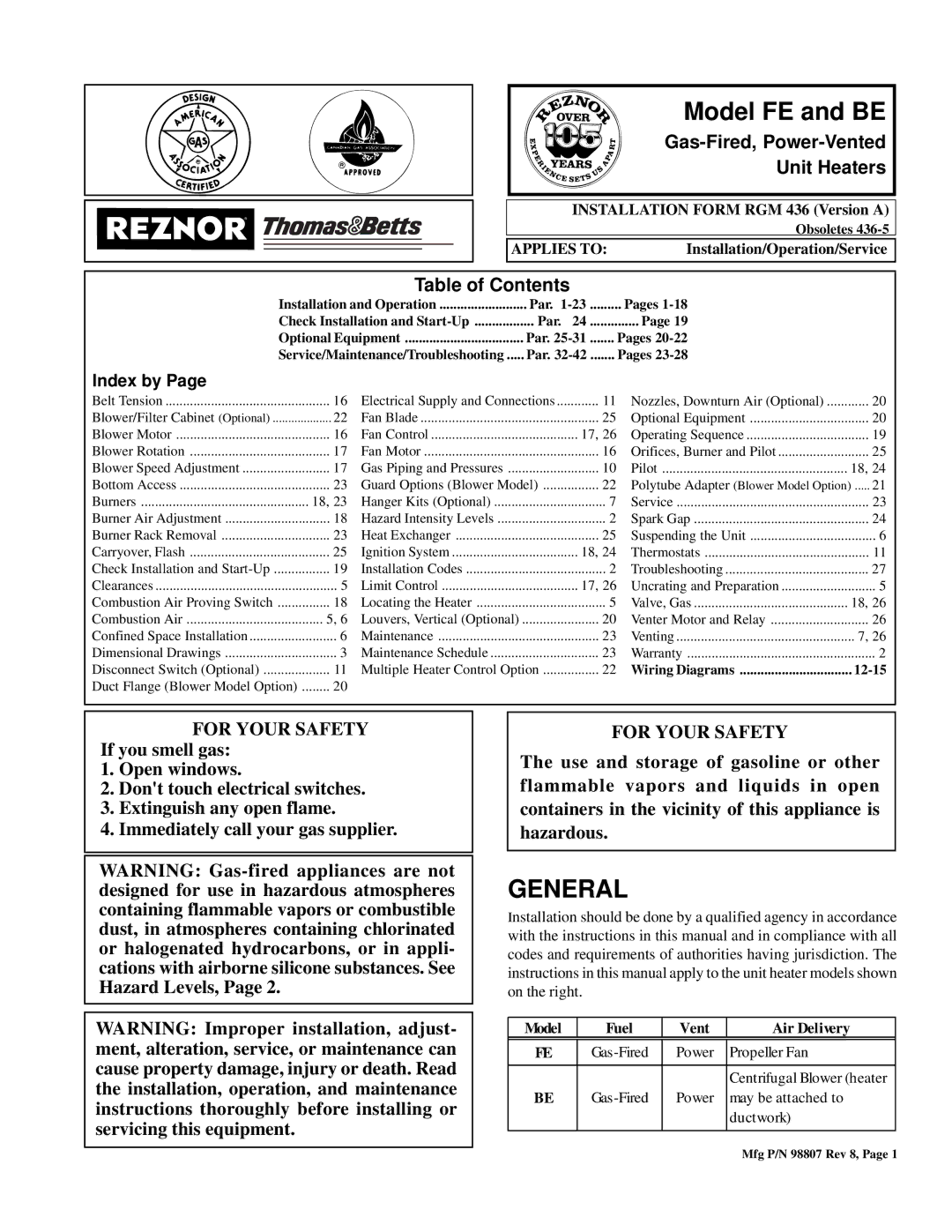 Thomas & Betts BE warranty Model FE and be, Gas-Fired, Power-Vented, Unit Heaters, Table of Contents 