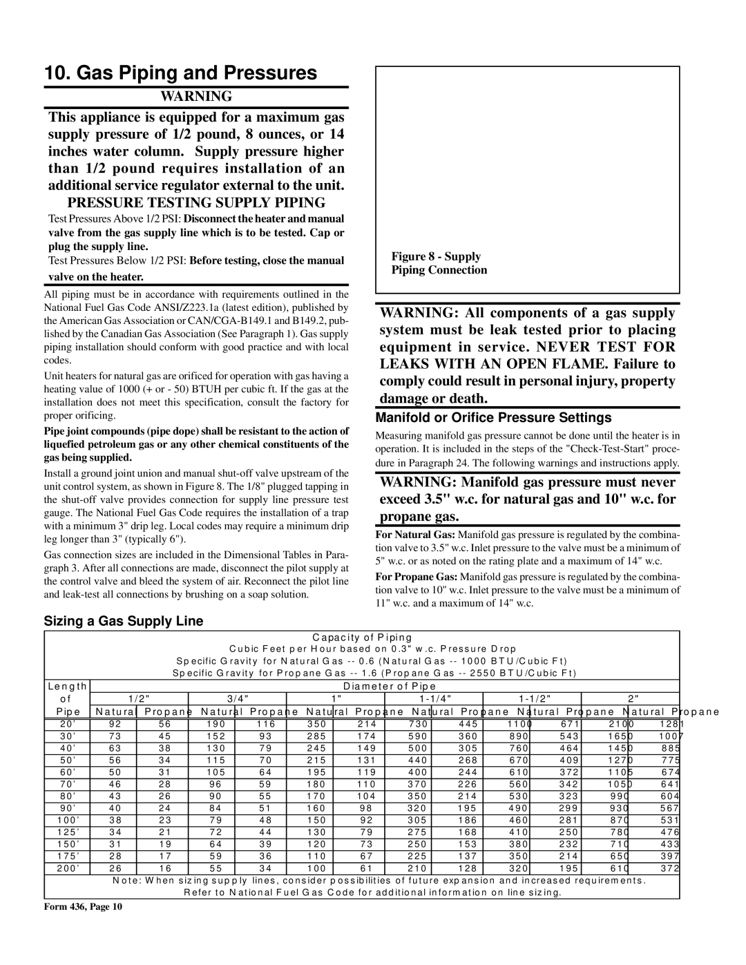 Thomas & Betts FE, BE warranty Gas Piping and Pressures, Manifold or Orifice Pressure Settings, Sizing a Gas Supply Line 