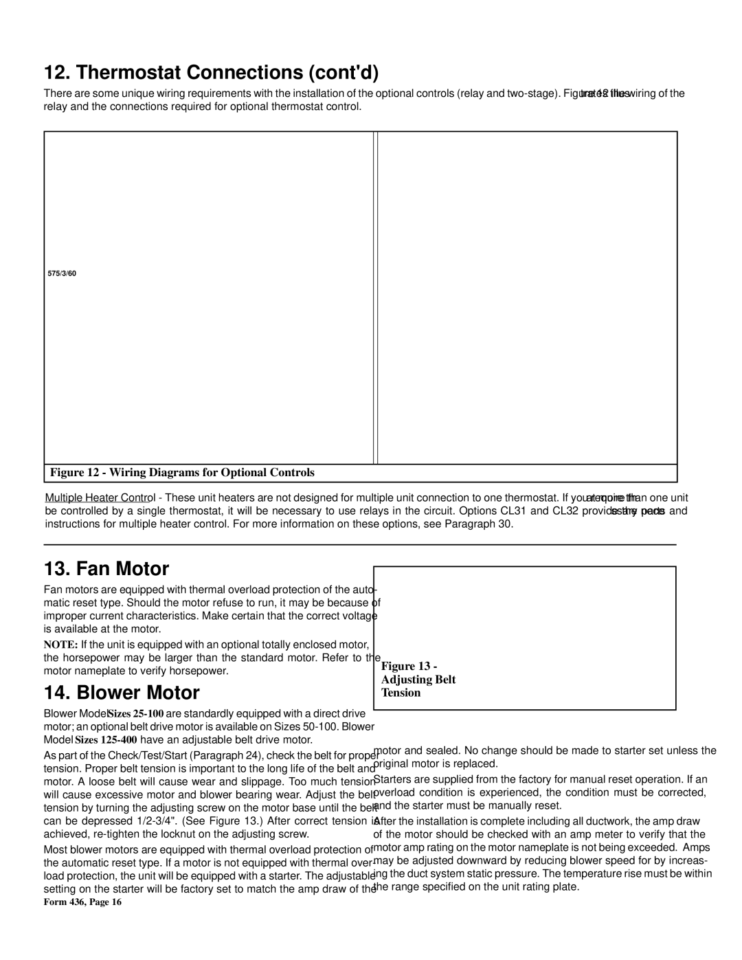 Thomas & Betts FE, BE warranty Thermostat Connections contd, Fan Motor, Blower Motor, Adjusting Belt Tension 